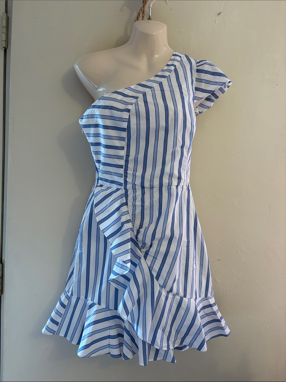 Parker Blue and White Striped One-Shoulder Midi Dress. Cotton